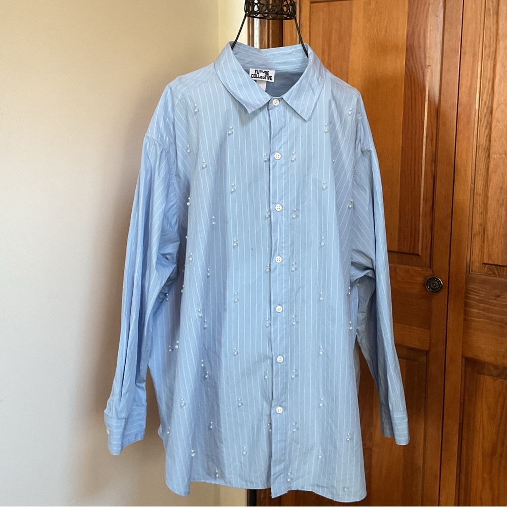Light Blue Button Down Shirt with Pearls